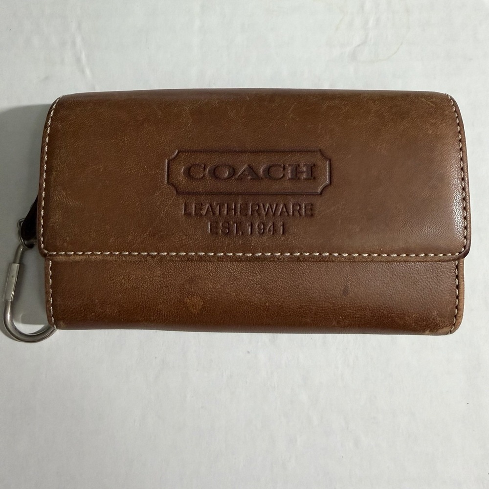 VINTAGE Coach Brown Leather ZIP Coin WALLET Card Key Holder Carabiner